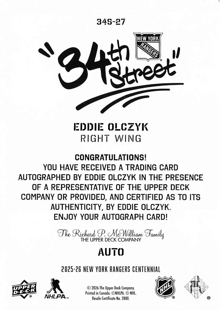 2025-26 Upper Deck New York Rangers Centennial Eddie Olczyk 34th Street Auto #27