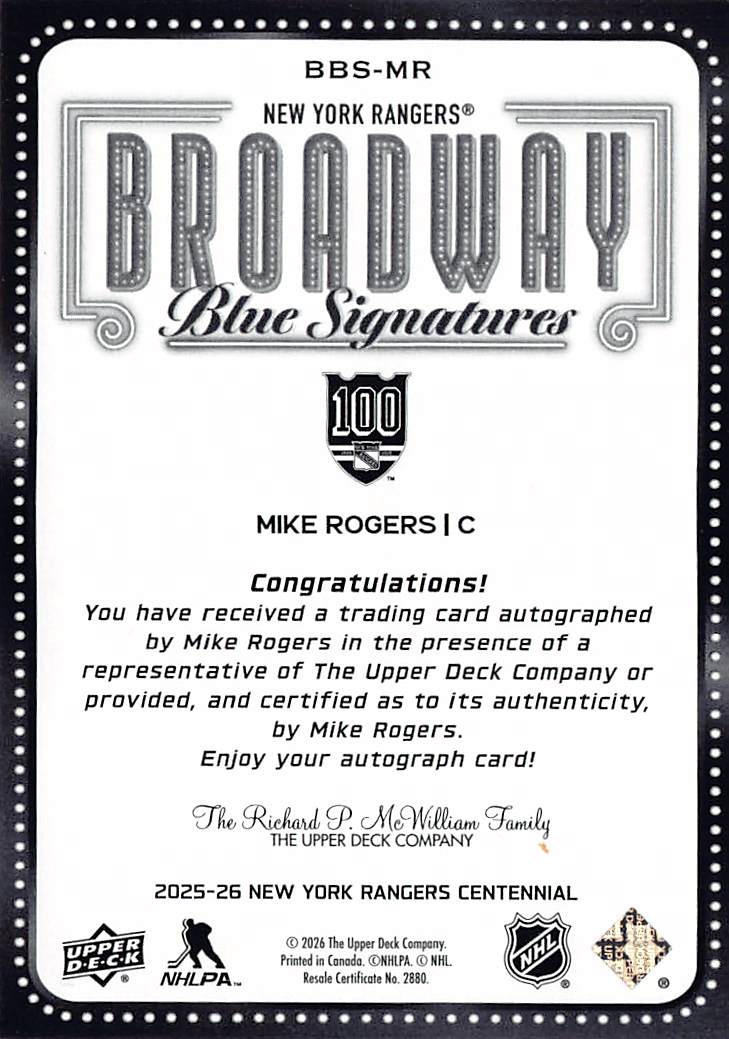 2025-26 Upper Deck New York Rangers Centennial Mike Rogers Broadway Auto #BBS-MR