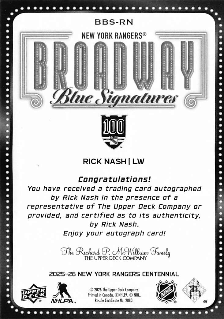 2025 Upper Deck New York Rangers Centennial Rick Nash Broadway Auto #BBS-RN
