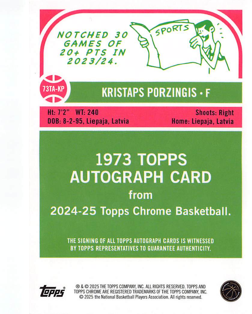 2024-25 Topps Chrome Kristaps Porzingis Auto Gold Refractor /50 #73TA-KP Celtics