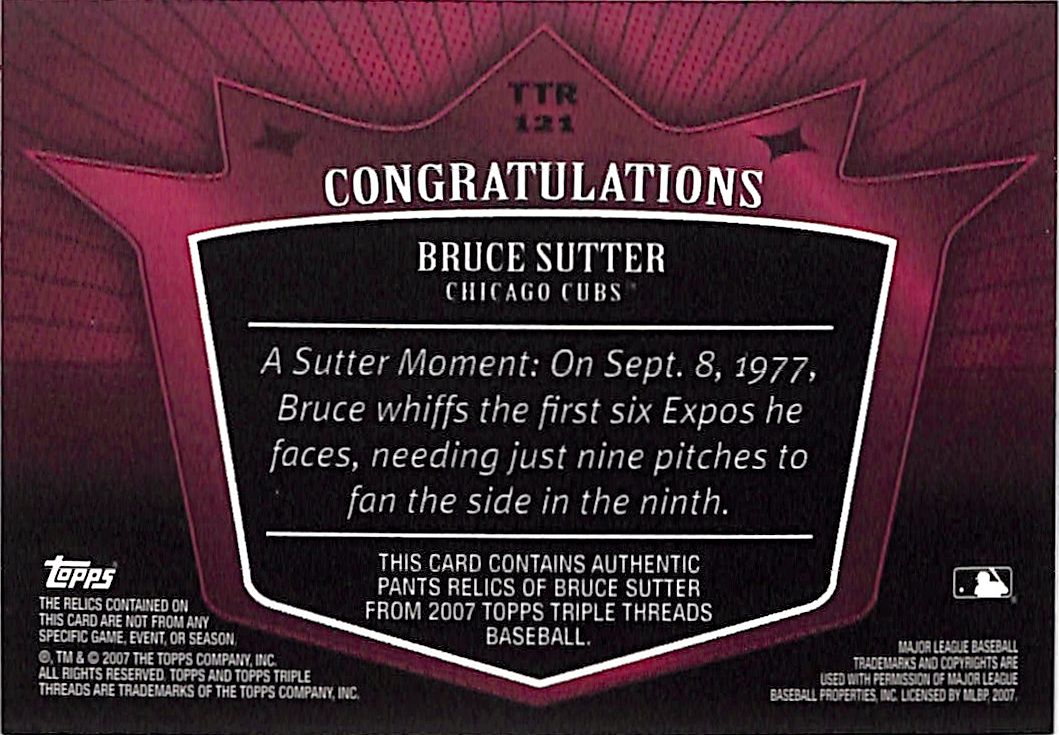 2007 Topps Triple Threads Bruce Sutter Red /36 Relic #TTR-121 Chicago Cubs
