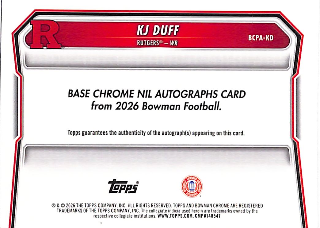 2026 Bowman Chrome KJ Duff Auto Rookie Green Reptilian /99 #BCPA-KD Rutgers