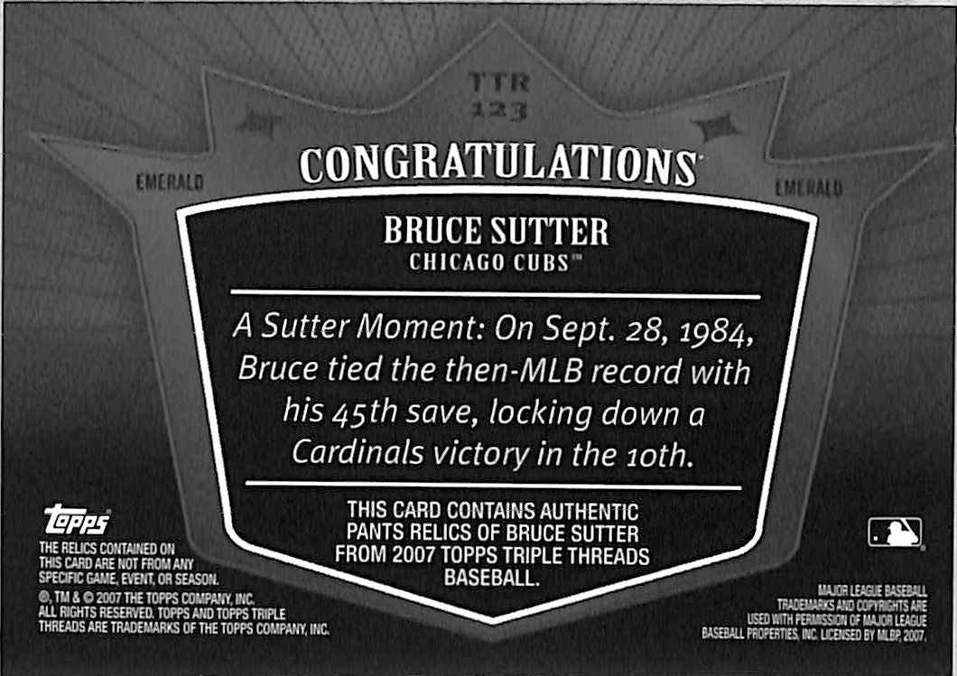 2007 Topps Triple Threads Bruce Sutter Emerald Patch /18 Authentic #TTR-123 Cubs