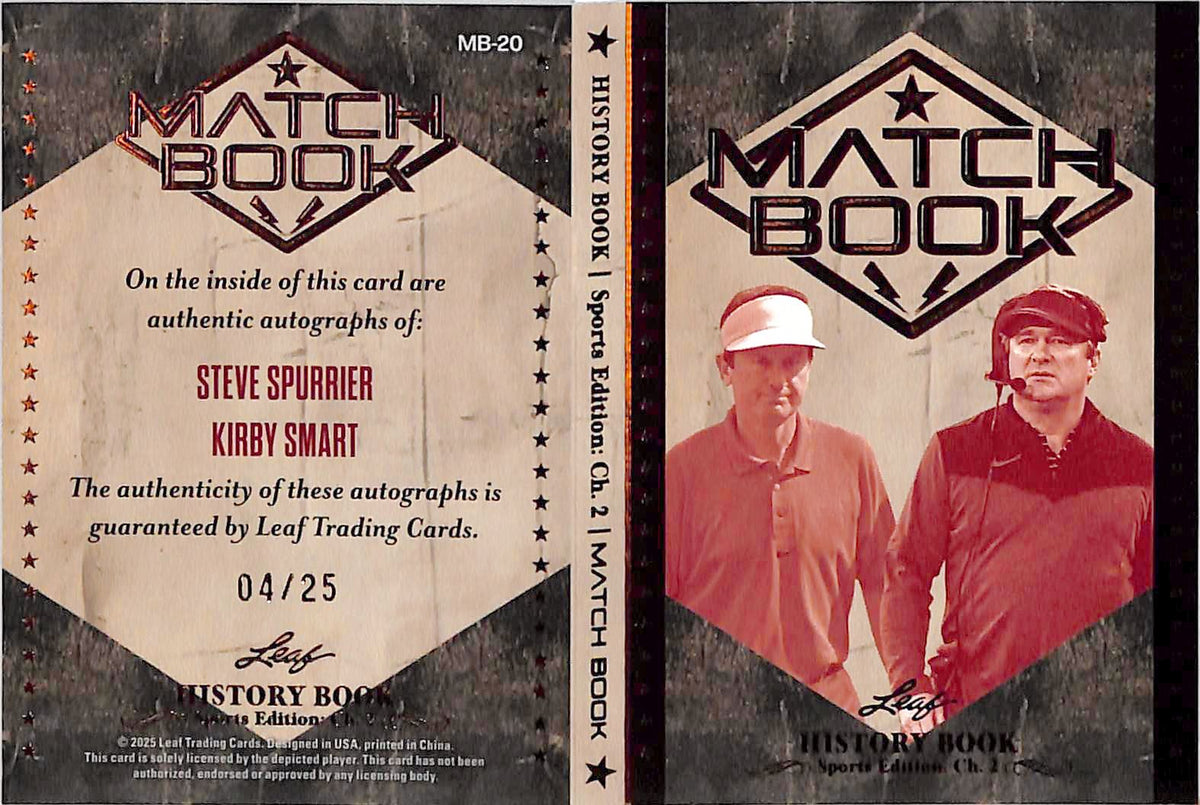 2025 Leaf History Book Match Book Kirby Smart Steve Spurrier Auto /25 #MB-20