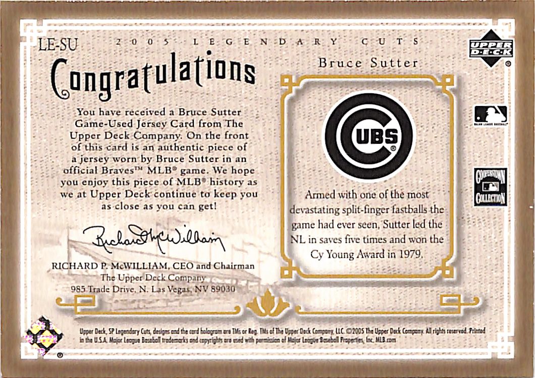 2005 Upper Deck SP Legendary Cuts Bruce Sutter /75 Game-Used Jersey #LE-SU Cubs