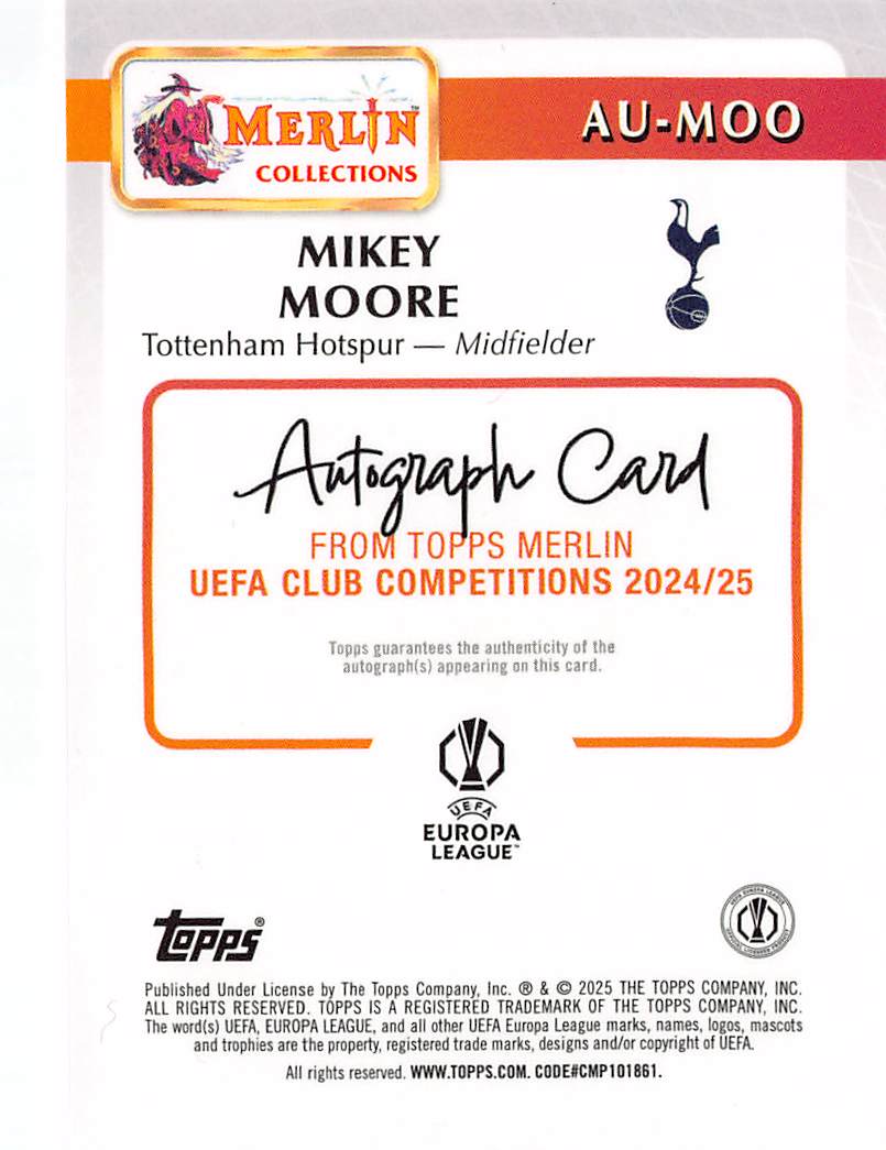 2024-25 Topps Merlin UEFA Mikey Moore Pink Auto Rookie /199 RC #AU-MOO Tottenham