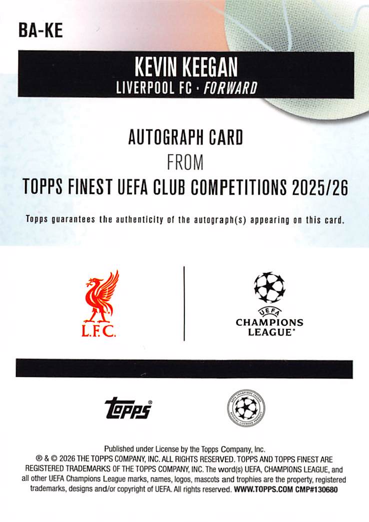 2025-26 Topps Finest UEFA Kevin Keegan Purple Auto /75 #BA-KE Liverpool FC