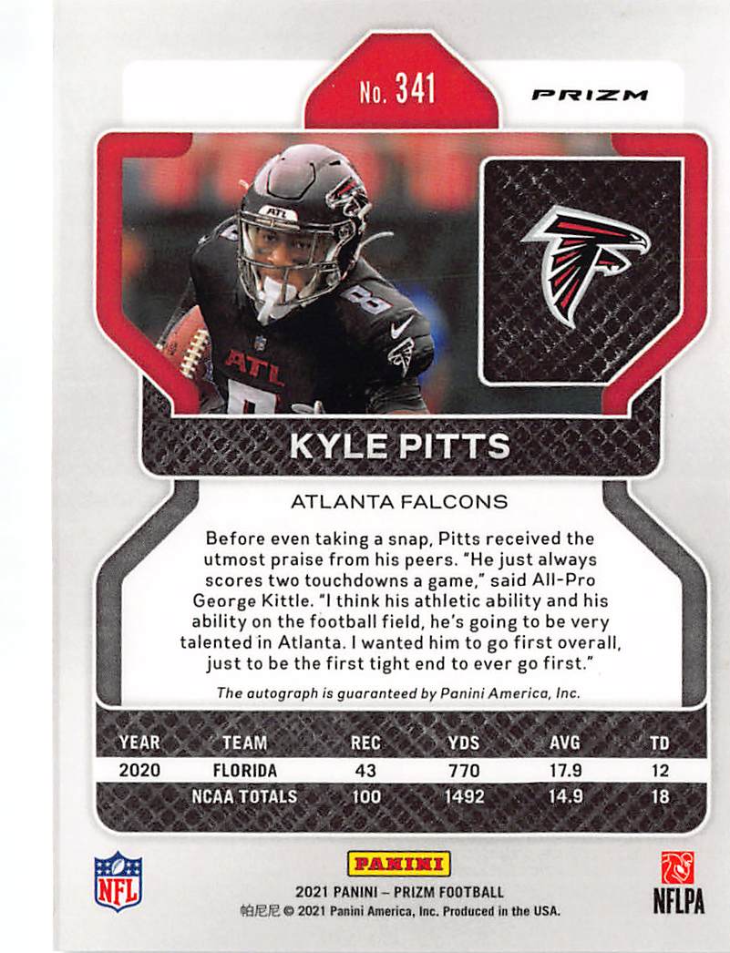2021 Panini Prizm Football Kyle Pitts Rookie Auto RC #341 Atlanta Falcons
