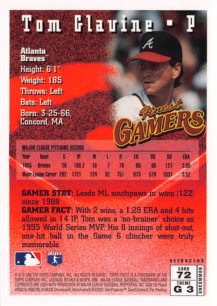 1996 Topps Finest Tom Glavine Refractor With Coating #72 Atlanta Braves