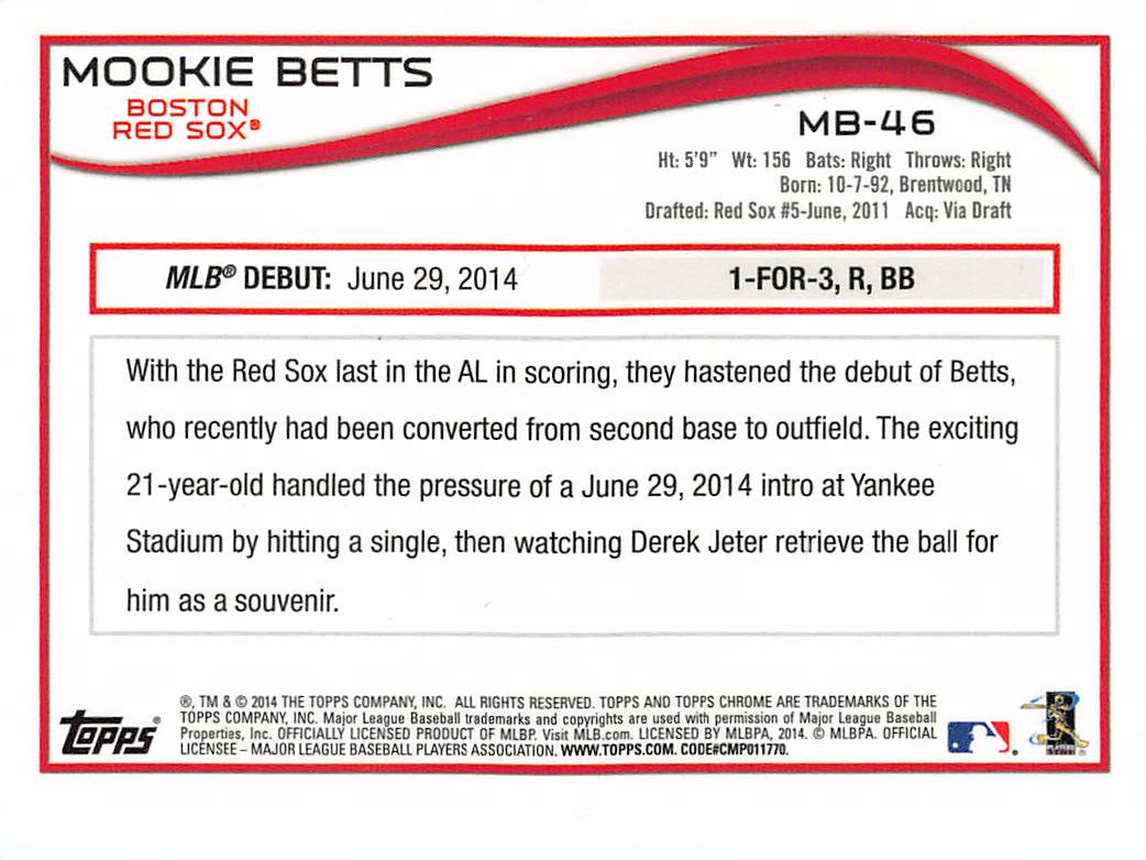 2014 Topps Chrome Update Mookie Betts Rookie RC #MB-46 Boston Red Sox