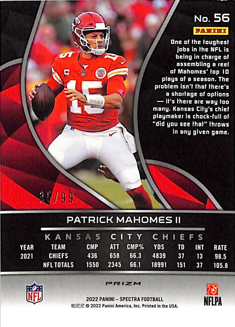 2022 Panini Spectra Patrick Mahomes II Celestial /99 #56 Kansas City Chiefs