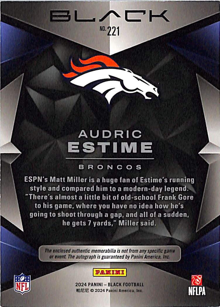 2024 Panini Black Football Audric Estime Rookie Patch Auto /150 RC #221 Broncos