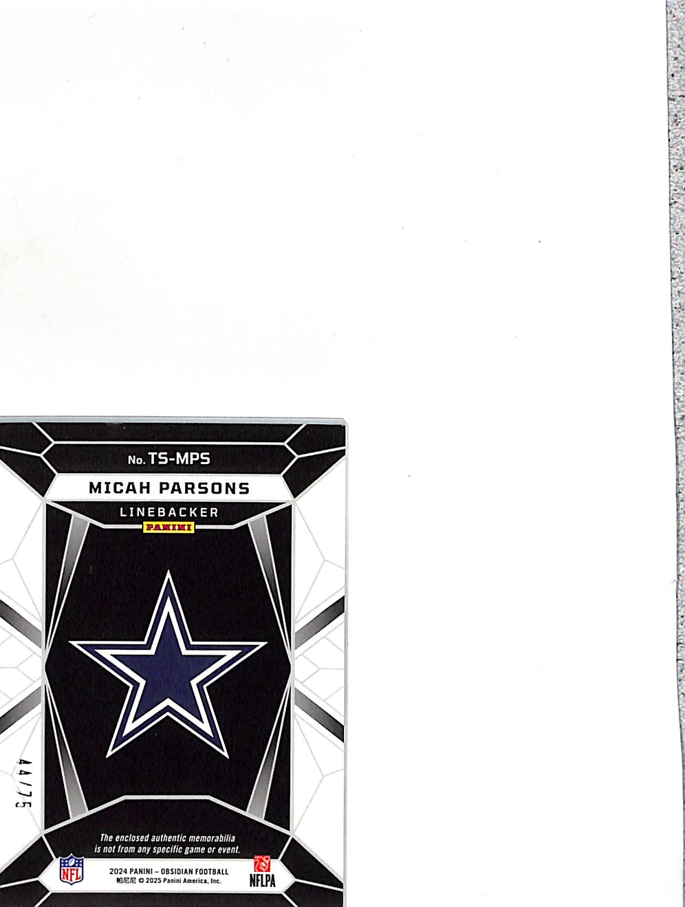 2025 Panini Obsidian Micah Parsons Jersey Patch Red /75 #TS-MPS Dallas Cowboys