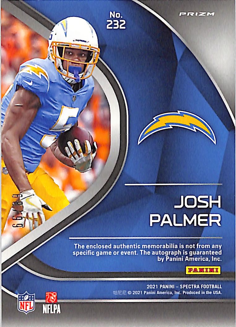 2021 Panini Spectra Josh Palmer Rookie Patch Auto /99 RC #232 Chargers