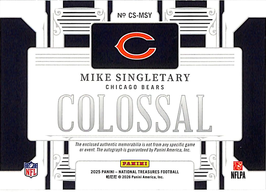 2026 Panini National Treasures Mike Singletary Patch Auto /49 #CS-MSY Bears