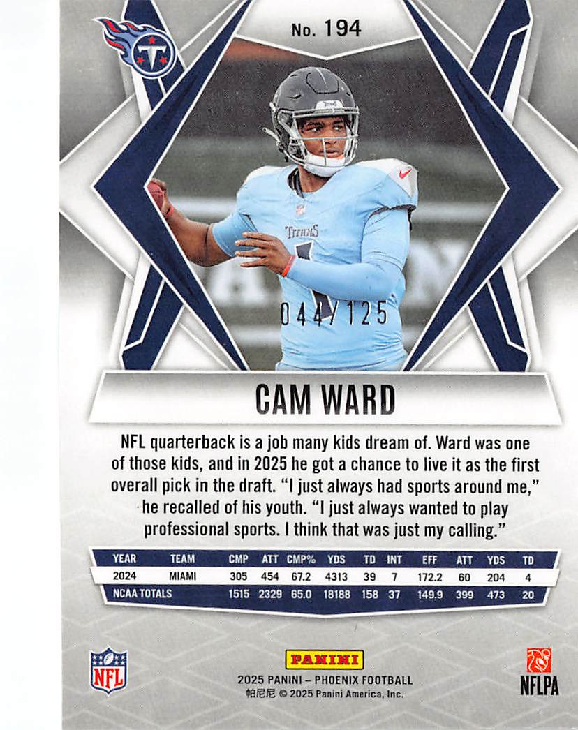 2025 Panini Phoenix Football Cam Ward Yellow Lava /125 RC #194 Tennessee Titans