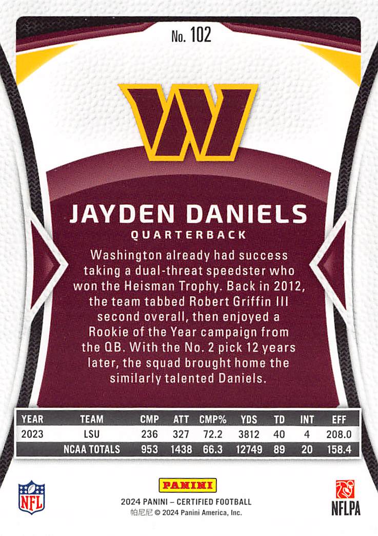 2024 Panini Certified Football Jayden Daniels Rookie Silver /400 #102 Commanders