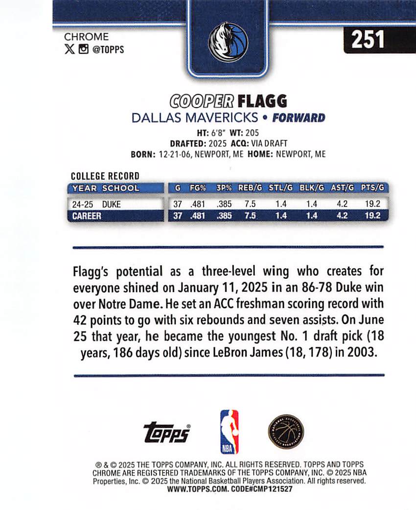 2025 Topps Chrome Cooper Flagg Rookie RC #251 Dallas Mavericks