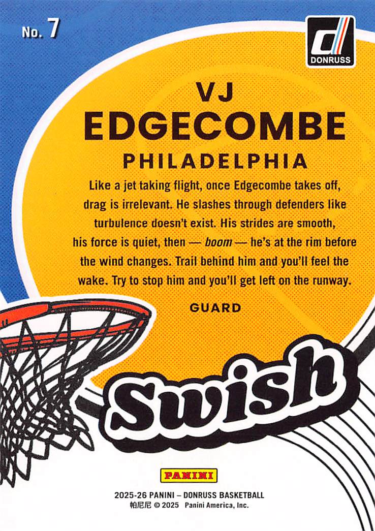 2025 Panini Donruss Basketball VJ Edgecombe Swish Gold /125 Rookie RC #7 76ers