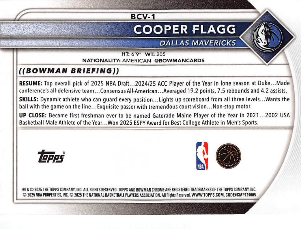 2025 Bowman Chrome Cooper Flagg Rookie RC #BCV-1 Dallas Mavericks