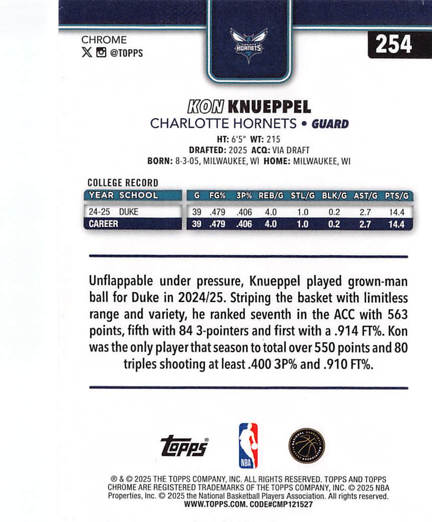 2025-26 Topps Chrome Basketball Kon Knueppel Rookie RC #254 Charlotte Hornets