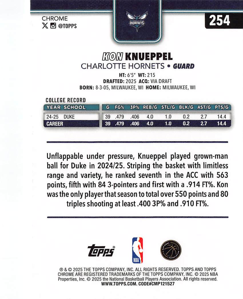2025-26 Topps Chrome Kon Knueppel Rookie RC #254 Charlotte Hornets