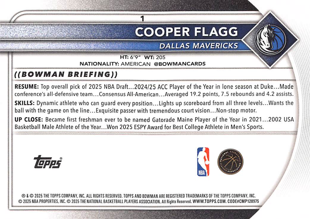 2025-26 Bowman Cooper Flagg Purple /199 Rookie RC #1 Dallas Mavericks