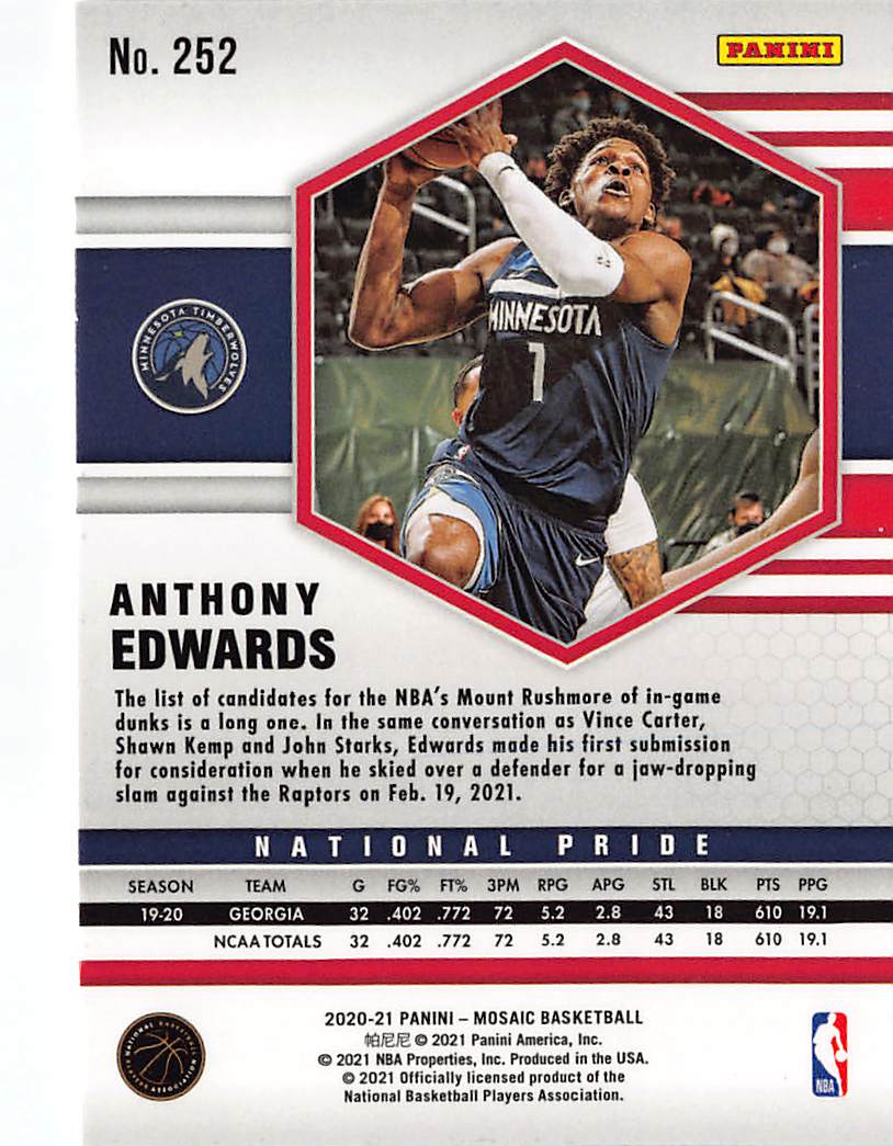 2020-21 Panini Mosaic Anthony Edwards Rookie #252 Minnesota Timberwolves