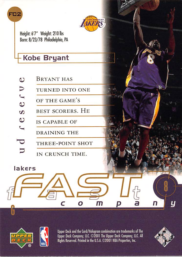 2001-02 Upper Deck Reserve Kobe Bryant Fast Company #FC2 Los Angeles Lakers