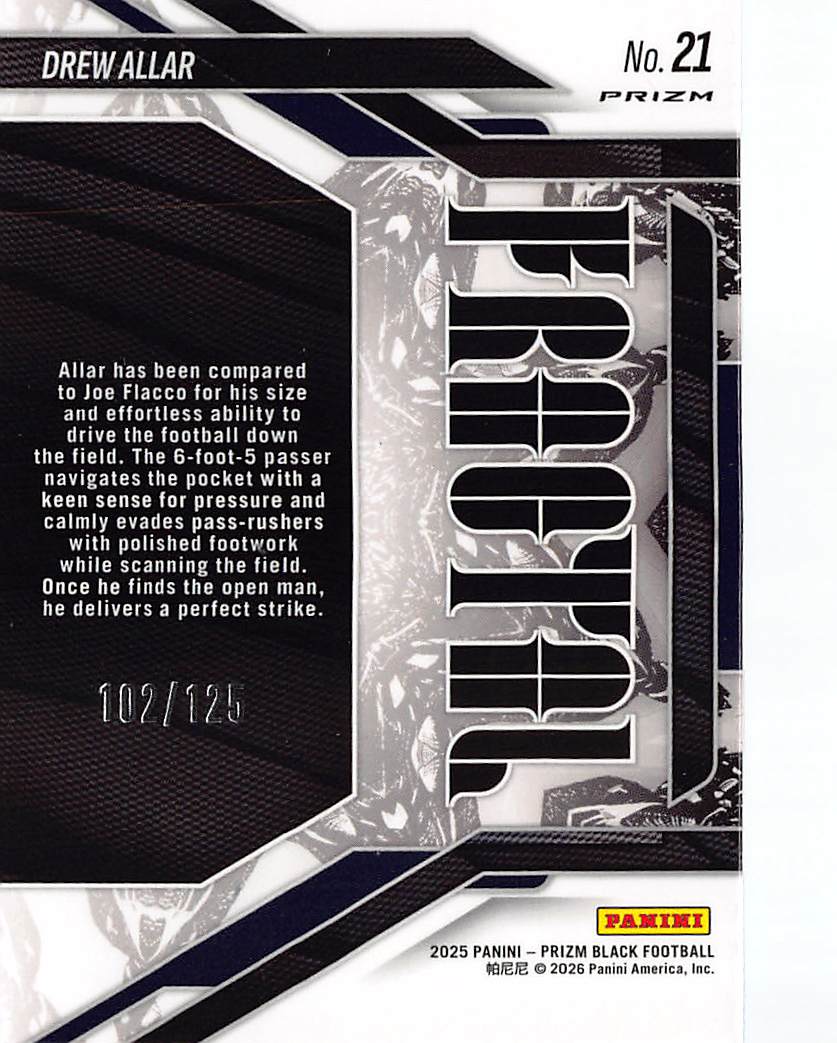 2025 Panini Prizm Black Drew Allar Blue Ice Fractal /125 Rookie #21 Penn State