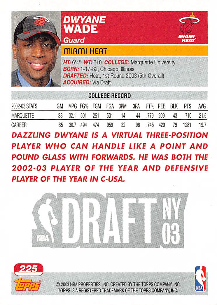 2003-04 Topps Dwyane Wade Rookie #225 Miami Heat