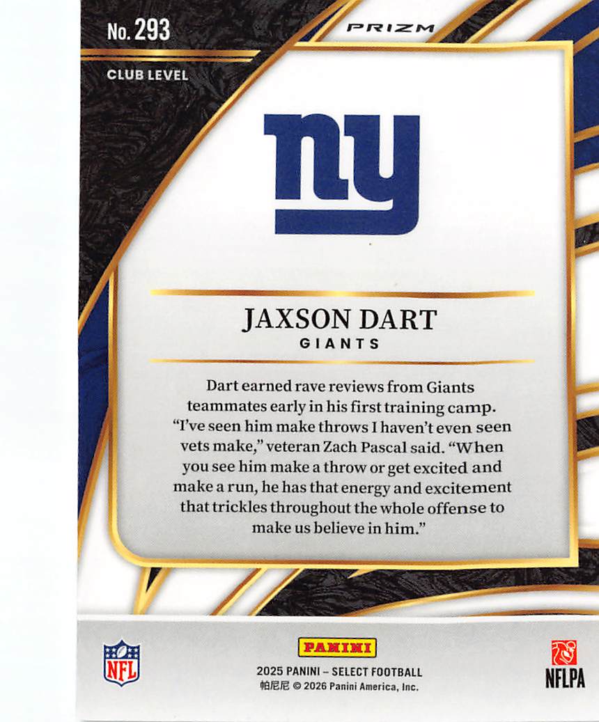 2026 Panini Select Jaxson Dart Black and Orange Shock Rookie RC #293 Giants