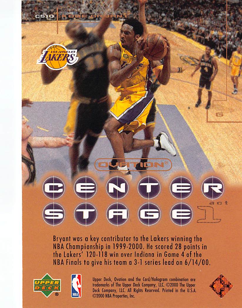 2000-01 Upper Deck Ovation Center Stage Kobe Bryant #CS10 Los Angeles Lakers