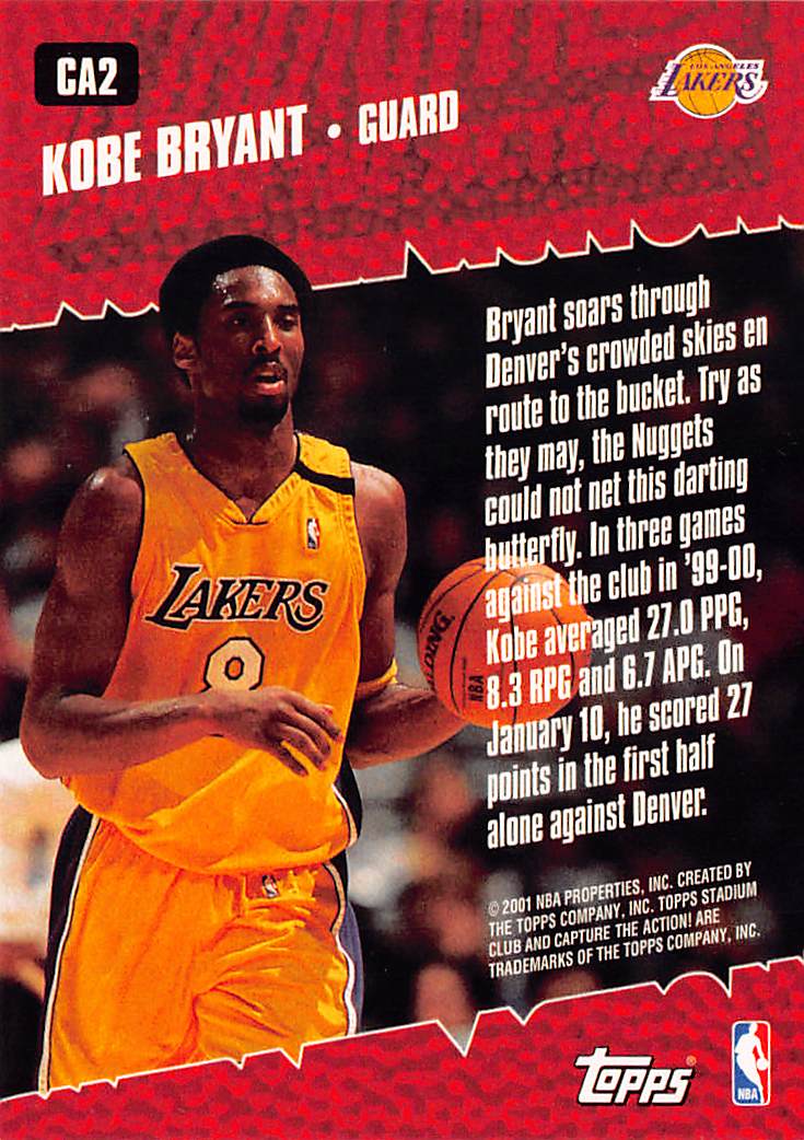 2001 Topps Stadium Club Capture the Action Kobe Bryant #CA2 Los Angeles Lakers