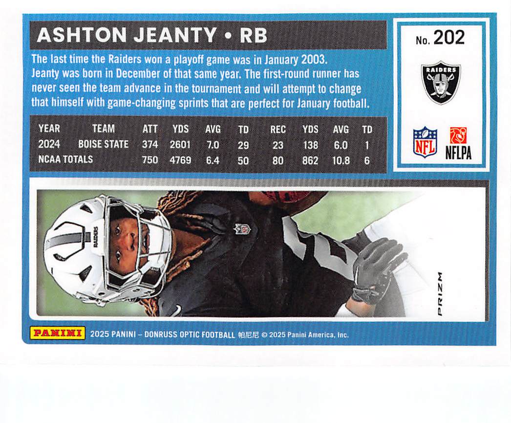 2025 Panini Donruss Optic Ashton Jeanty Stars Rated Rookie Card #202 Raiders