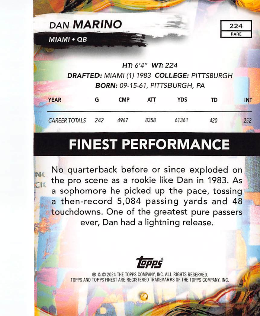 2024 Topps Finest Dan Marino Purple Checkerboard Refractor /75 #224 Dolphins