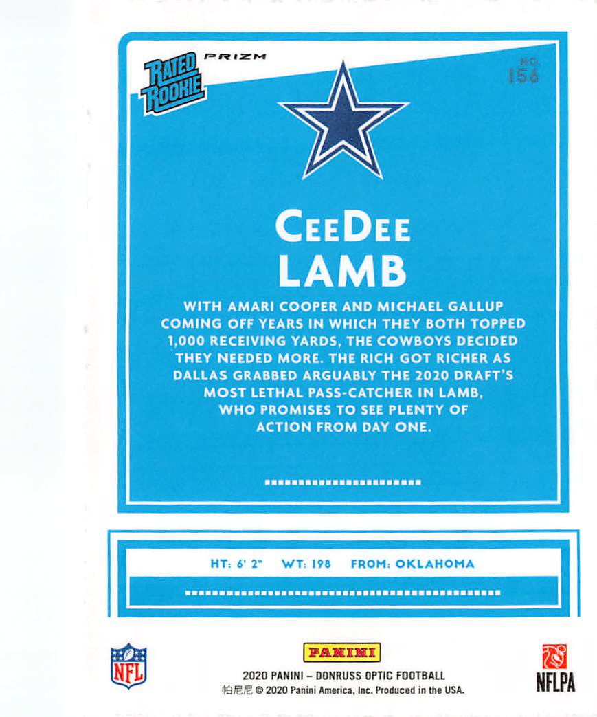 2020 Panini Donruss Optic CeeDee Lamb Holo Rookie #156 Dallas Cowboys