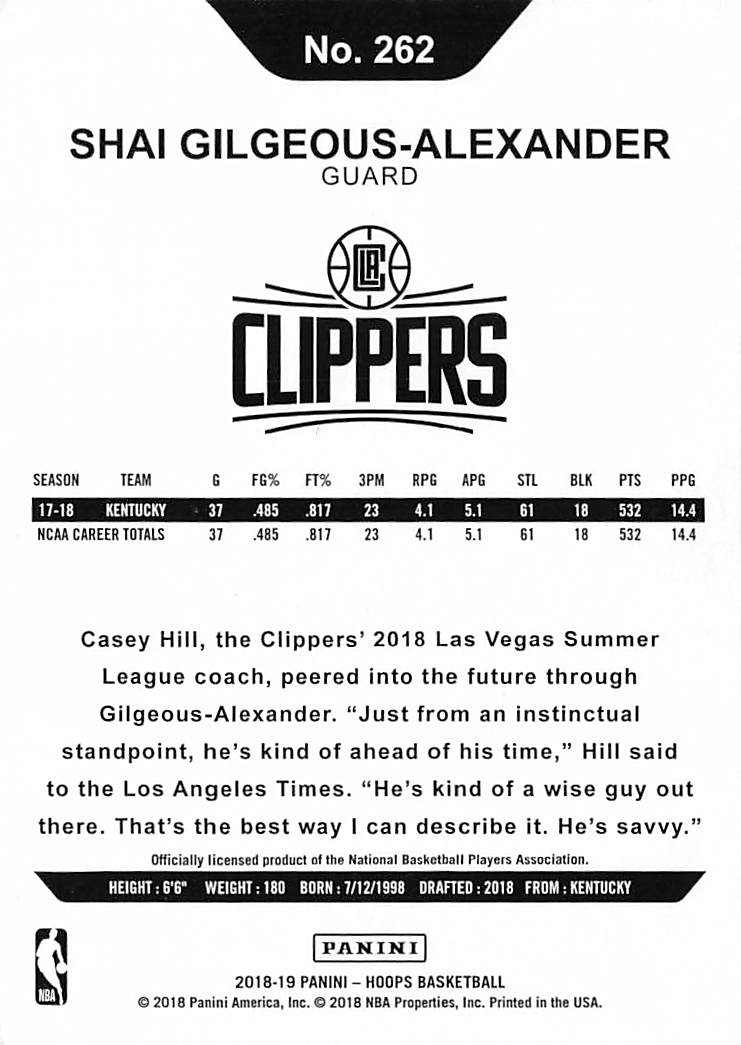 2018 Panini Hoops Shai Gilgeous-Alexander Rookie RC #262 Los Angeles Clippers
