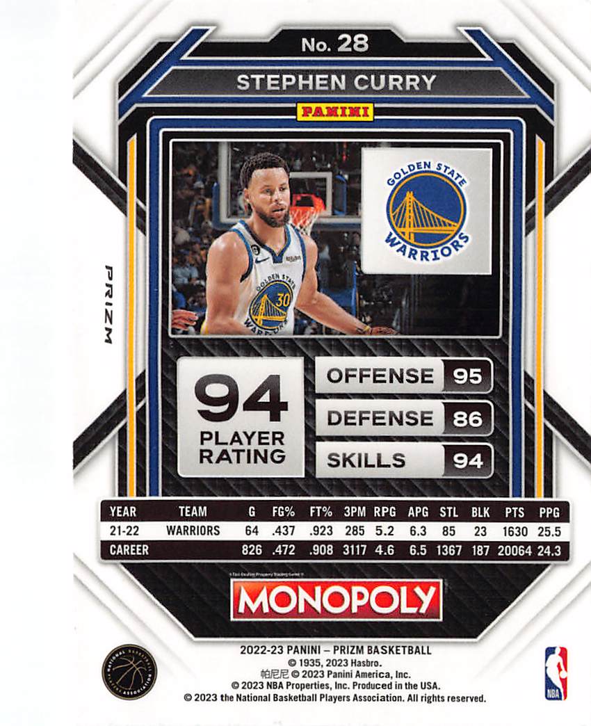 2023 Panini Prizm Monopoly Stephen Curry Free Parking #28 Golden State Warriors