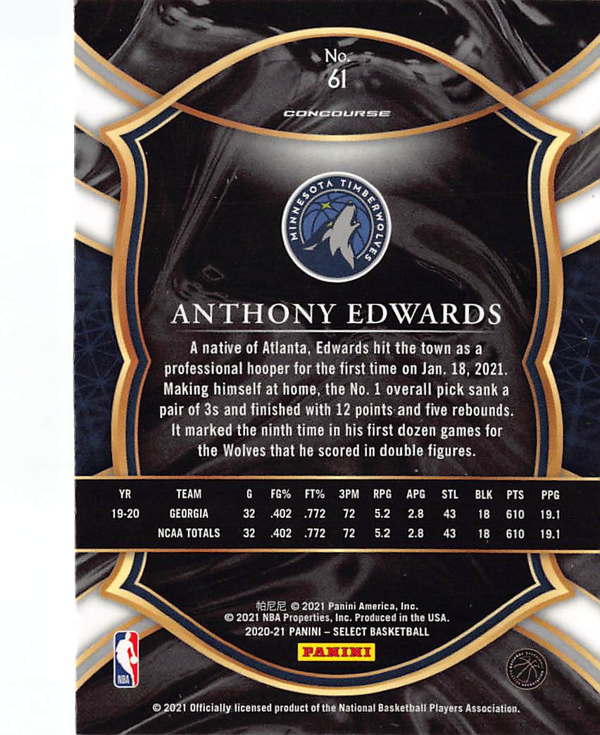 2021 Panini Select Anthony Edwards Rookie RC #61 Minnesota Timberwolves