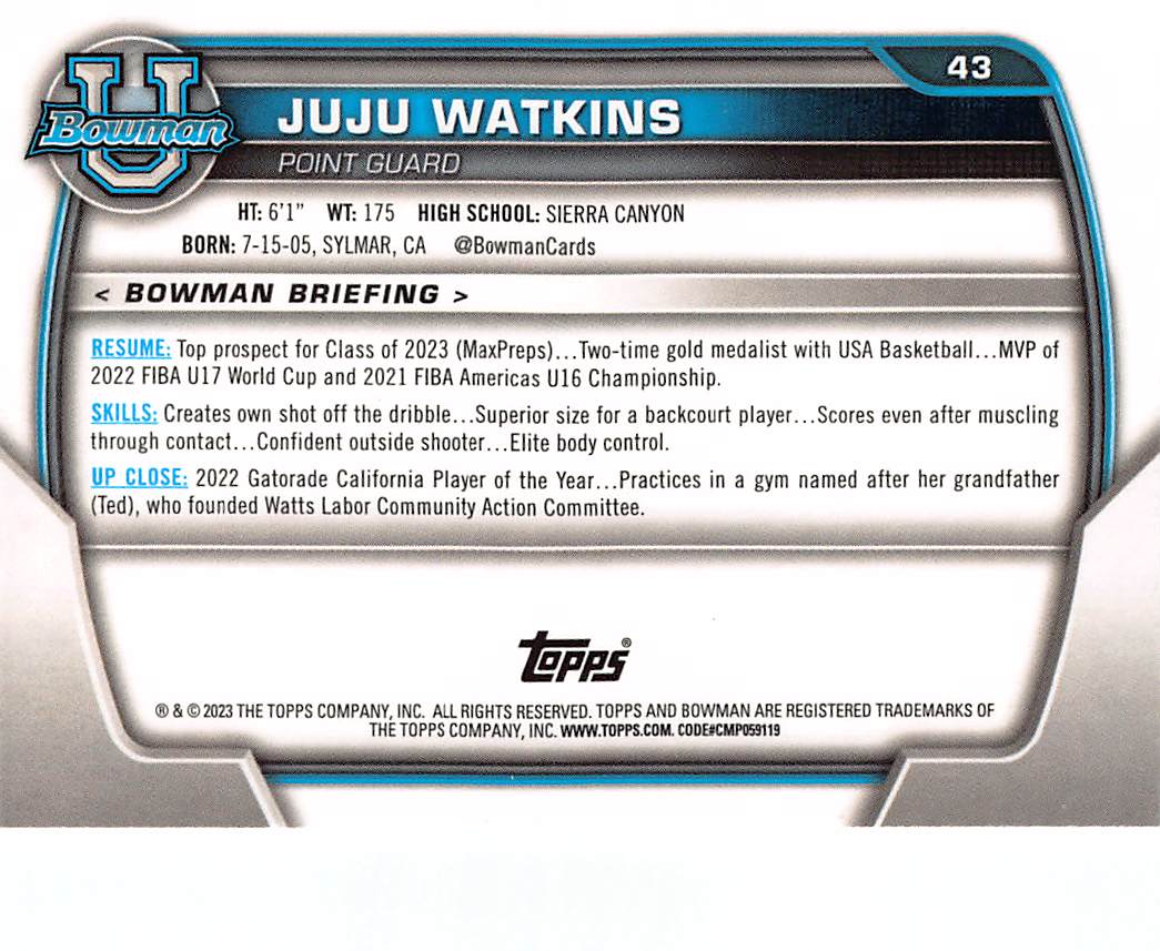 2023 Bowman University Best JuJu Watkins Rookie #43 USC Trojans
