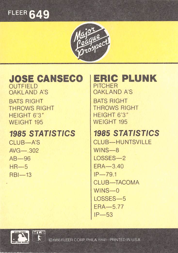 1986 Fleer Eric Plunk Jose Canseco Rookie #649 Oakland Athletics