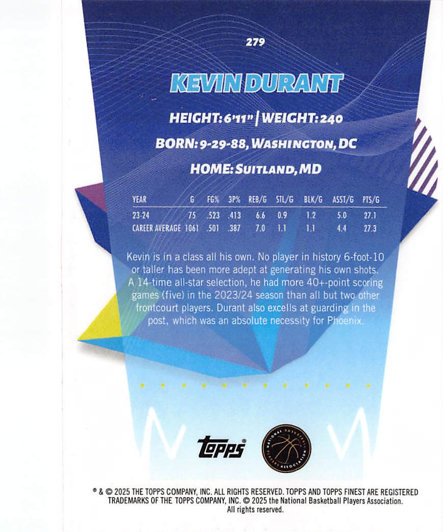 2025 Topps Finest Kevin Durant Orange Checkerboard Refractor /150 #279 Suns