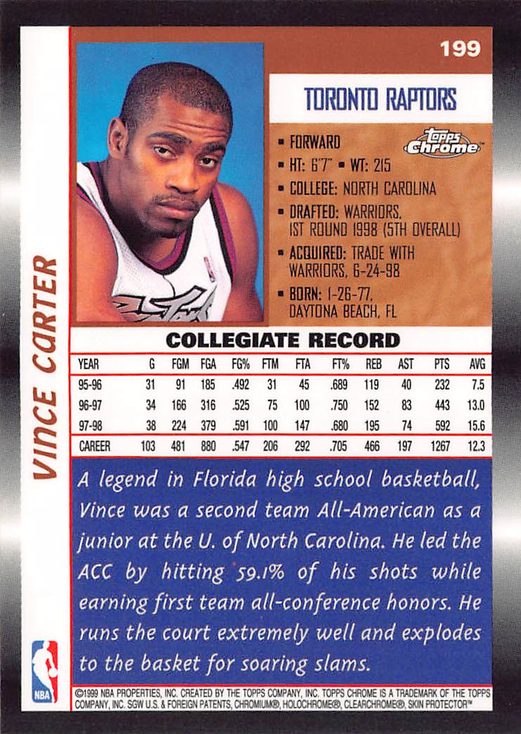 1999-00 Topps Chrome Vince Carter Rookie #199 Toronto Raptors