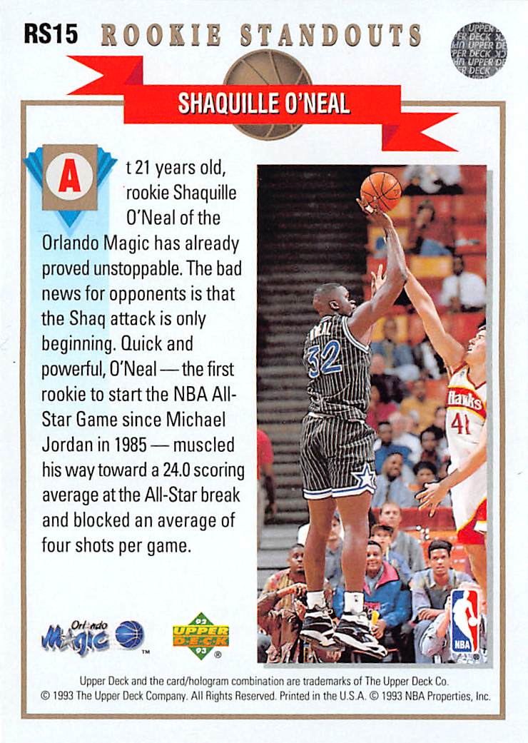 1992-93 Upper Deck Rookie Standouts Shaquille O'Neal Rookie #RS15 Orlando Magic