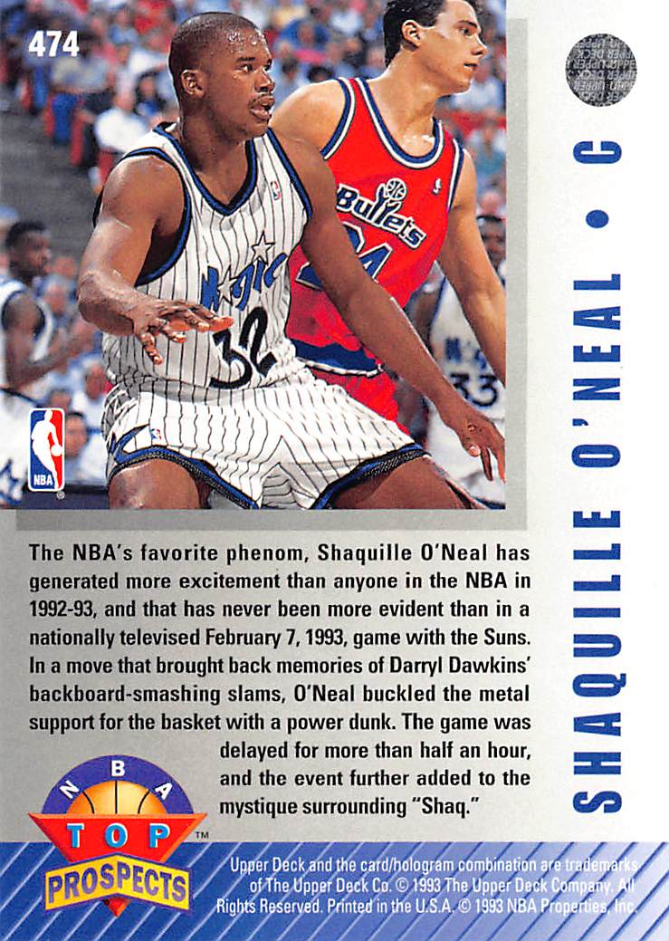 1992-93 Upper Deck Shaquille O'Neal NBA Prospects Rookie #474 Orlando Magic