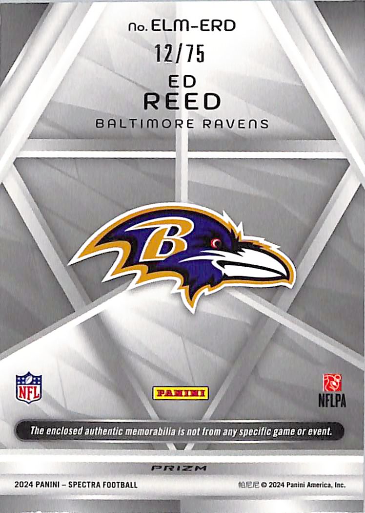2024-25 Panini Spectra Ed Reed Epic Legends Patch /75 Memorabilia ELM-ERD Ravens