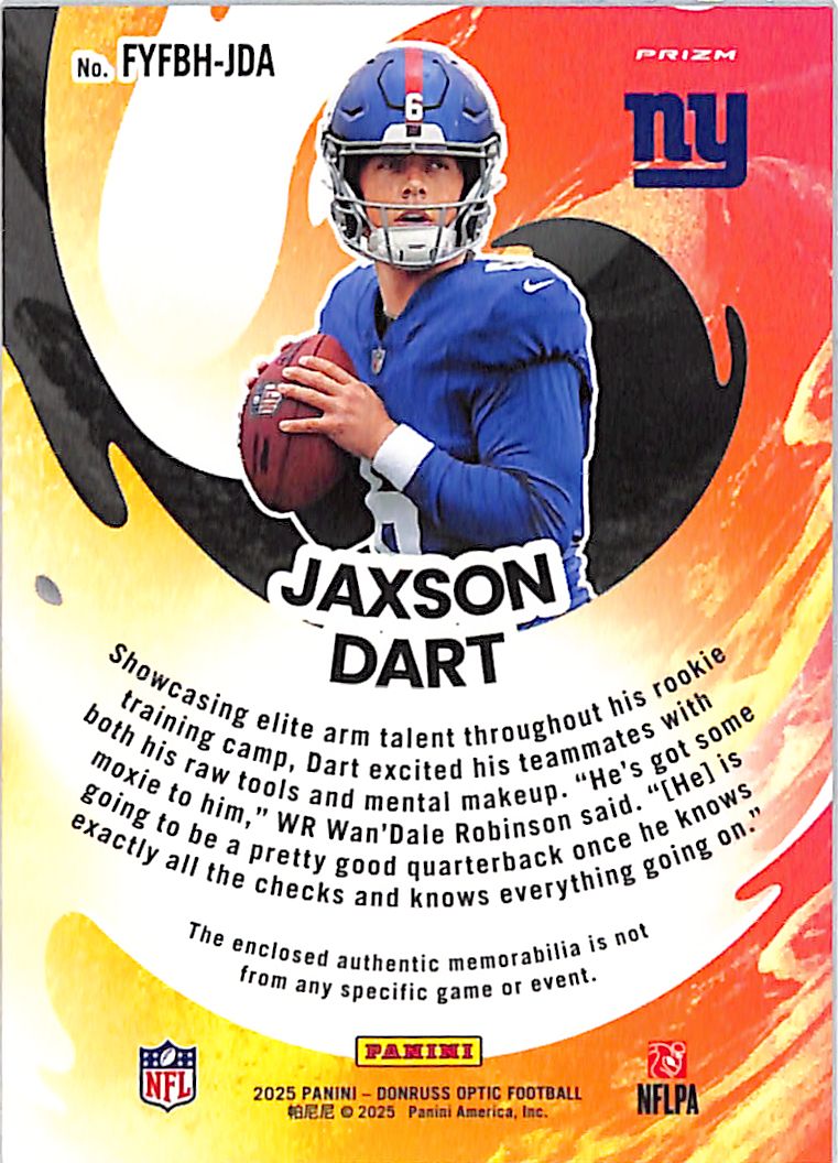 2025 Panini Donruss Optic Jaxson Dart First Year Fresh Rookie FYFBH-JDA Giants