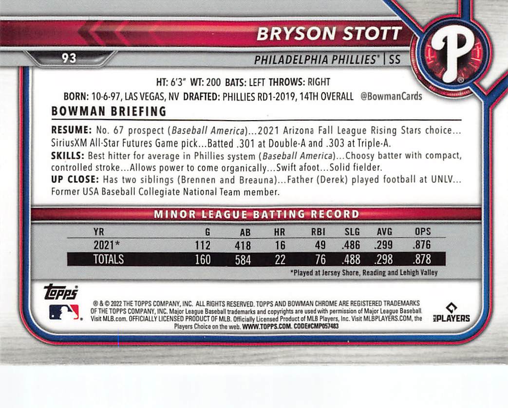 2022 Bowman Chrome Bryson Stott Sapphire Rookie RC #93 Philadelphia Phillies