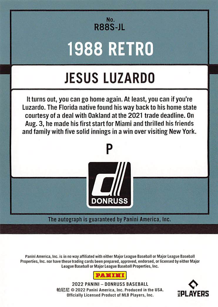 2022 Panini Donruss Jesus Luzardo Autograph #R88S-JL Miami Marlins
